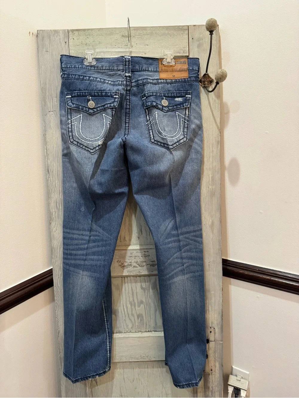 True Religion Mens Jeans Size 36 Dark Wash Starched Straight Distressed